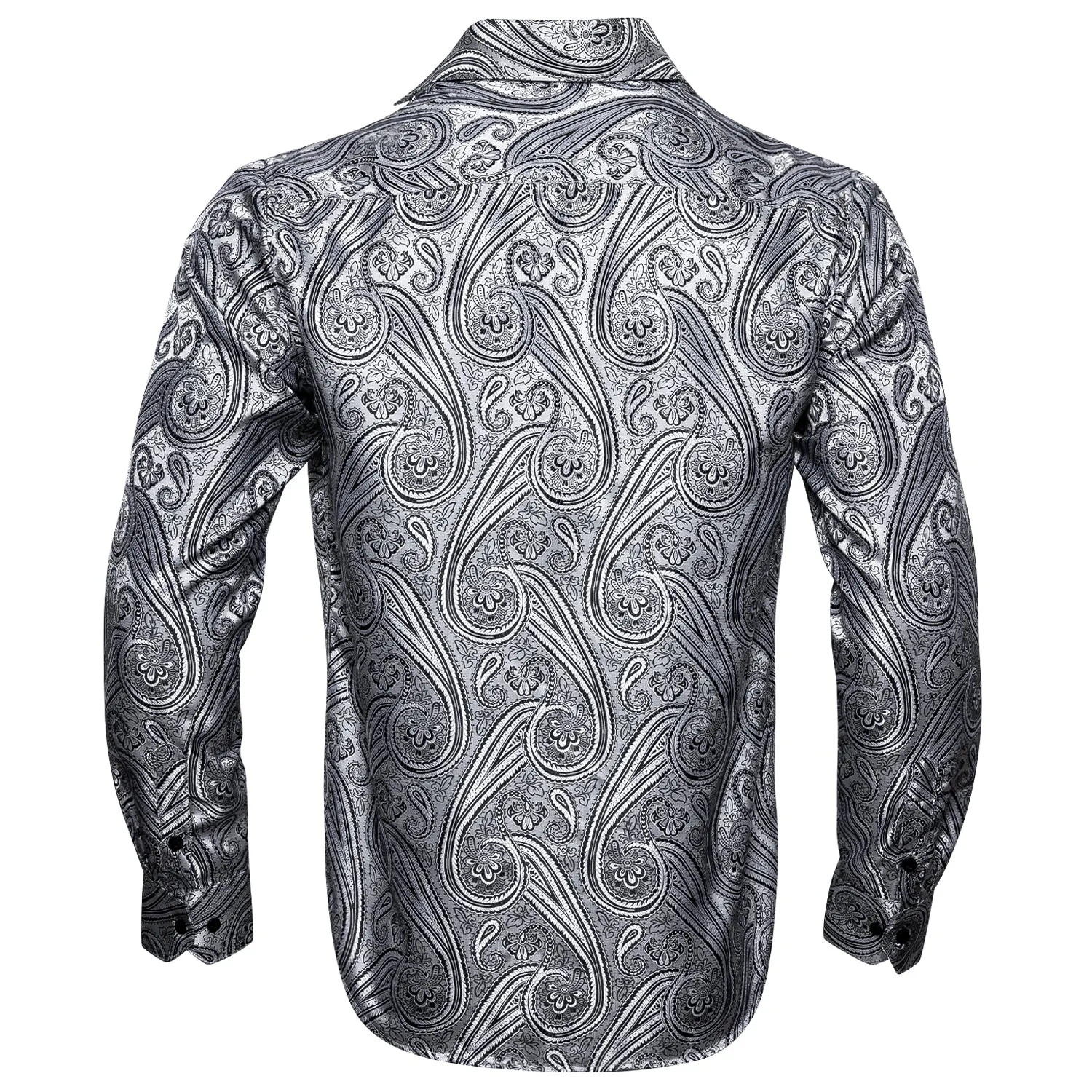 Barry Wang Button Down Shirt Silver Silk Tribal Long Sleeve Paisley Shirt for Mens