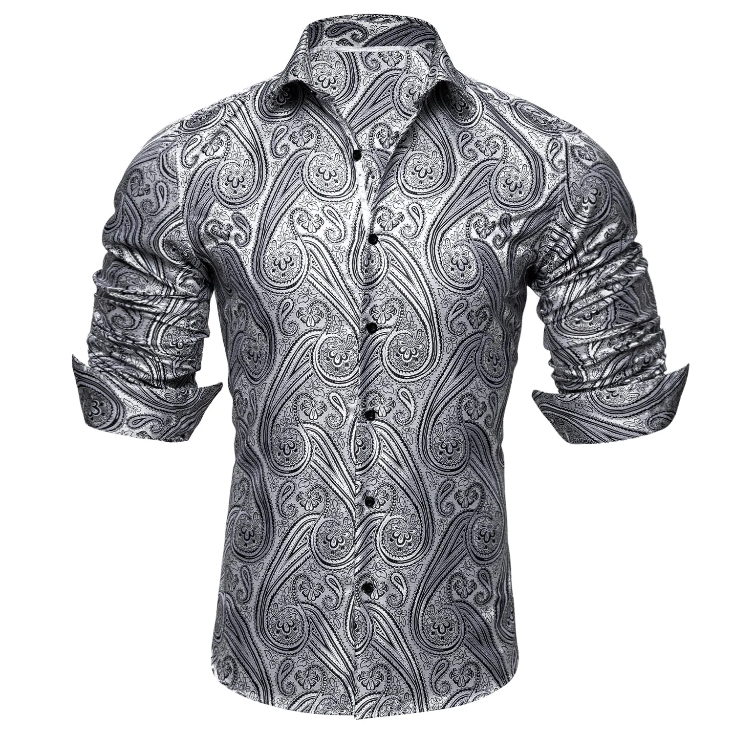 Barry Wang Button Down Shirt Silver Silk Tribal Long Sleeve Paisley Shirt for Mens