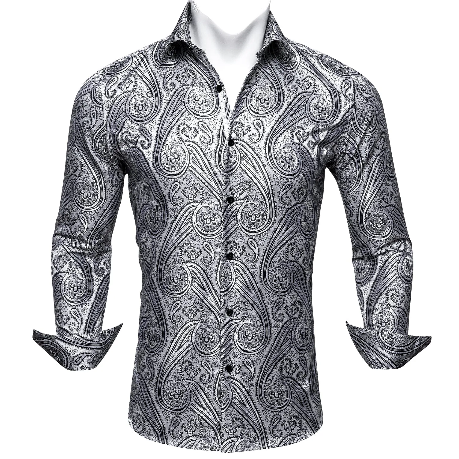Barry Wang Button Down Shirt Silver Silk Tribal Long Sleeve Paisley Shirt for Mens