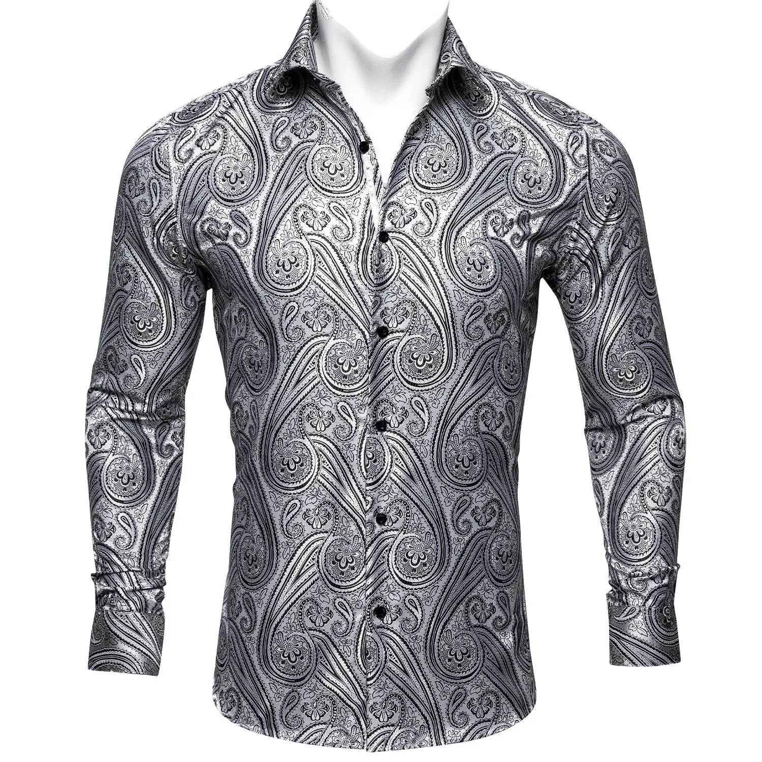Barry Wang Button Down Shirt Silver Silk Tribal Long Sleeve Paisley Shirt for Mens
