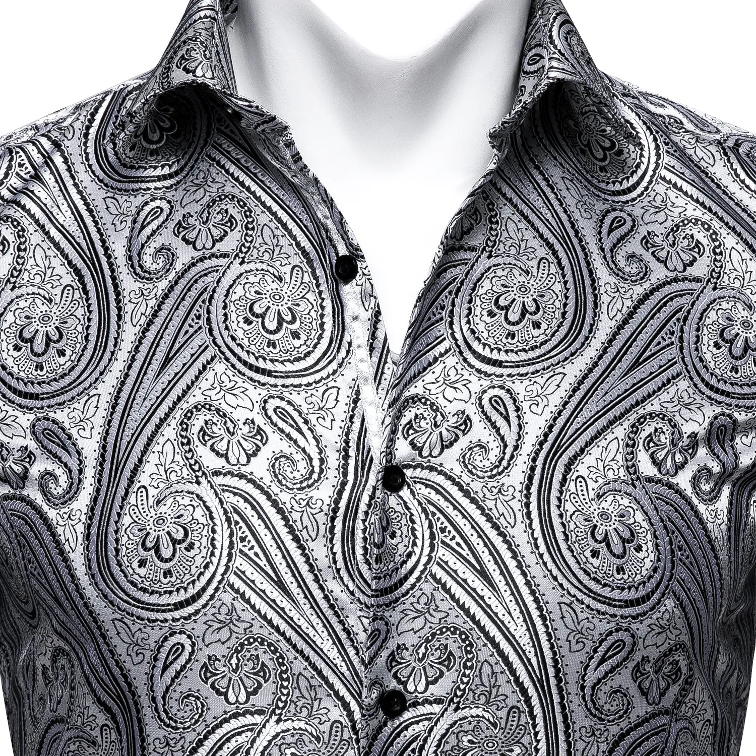 Barry Wang Button Down Shirt Silver Silk Tribal Long Sleeve Paisley Shirt for Mens