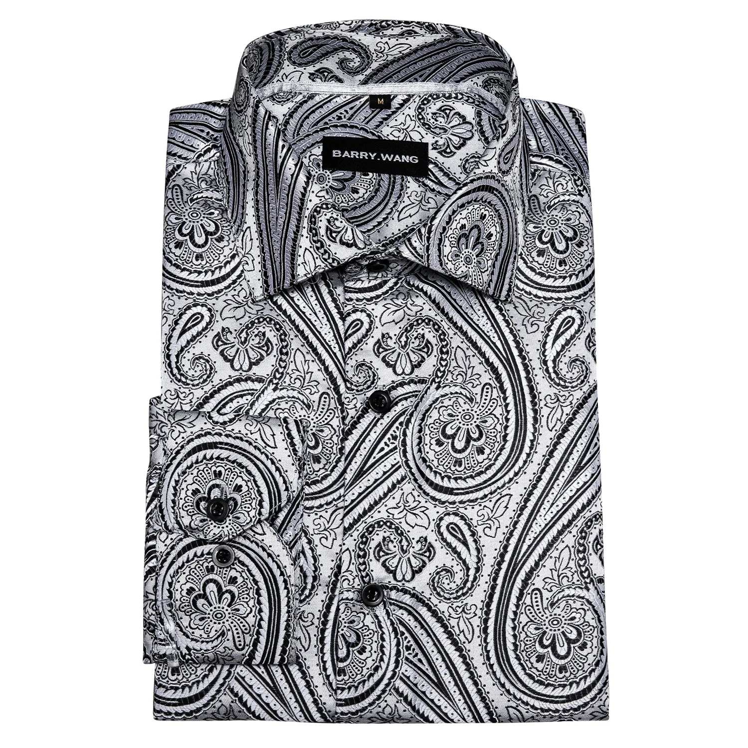 Barry Wang Button Down Shirt Silver Silk Tribal Long Sleeve Paisley Shirt for Mens