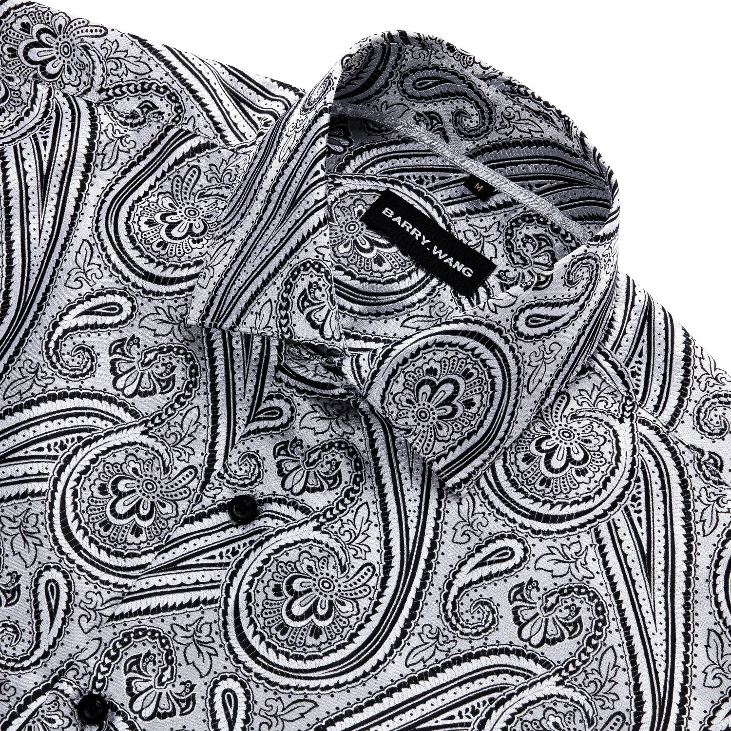 Barry Wang Button Down Shirt Silver Silk Tribal Long Sleeve Paisley Shirt for Mens