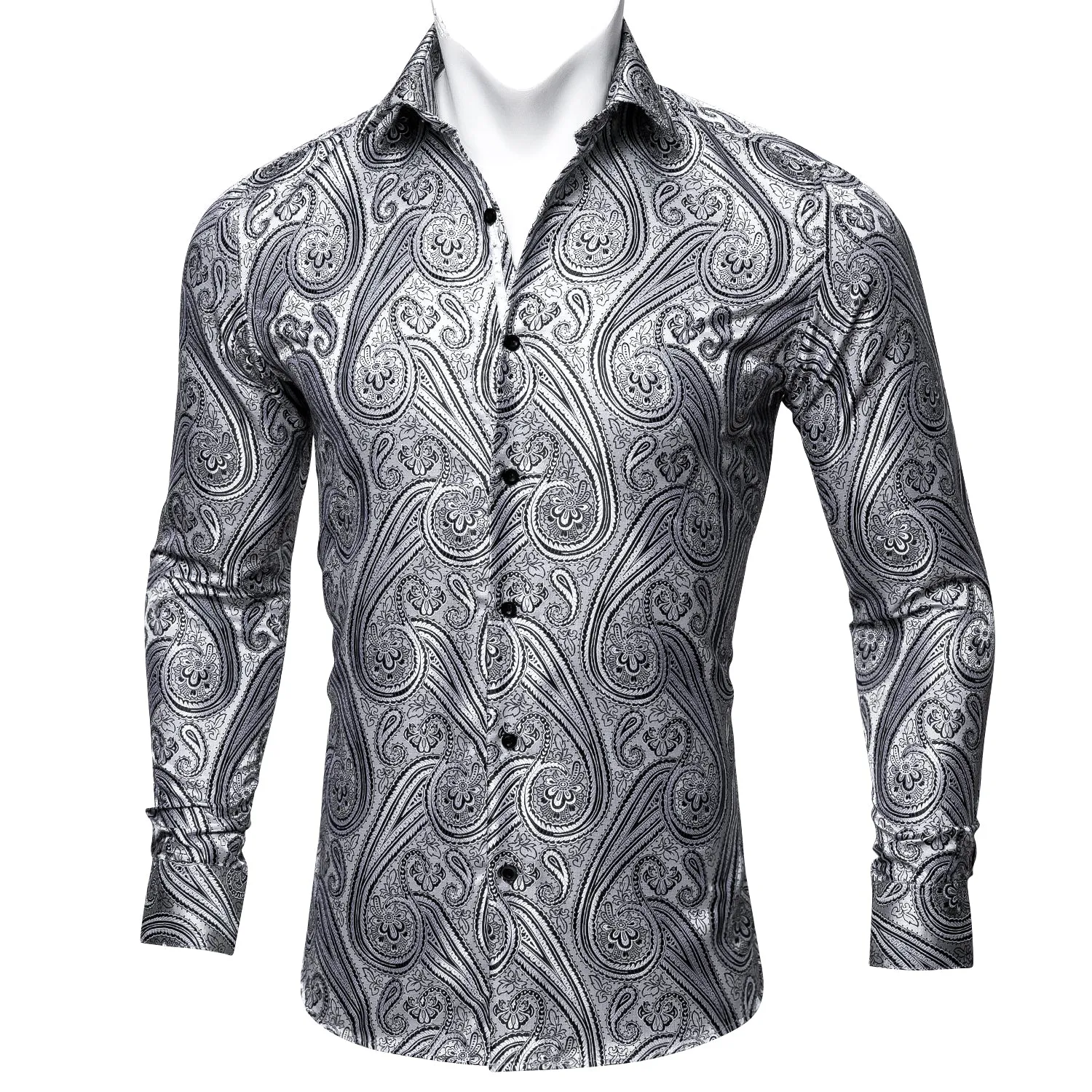 Barry Wang Button Down Shirt Silver Silk Tribal Long Sleeve Paisley Shirt for Mens