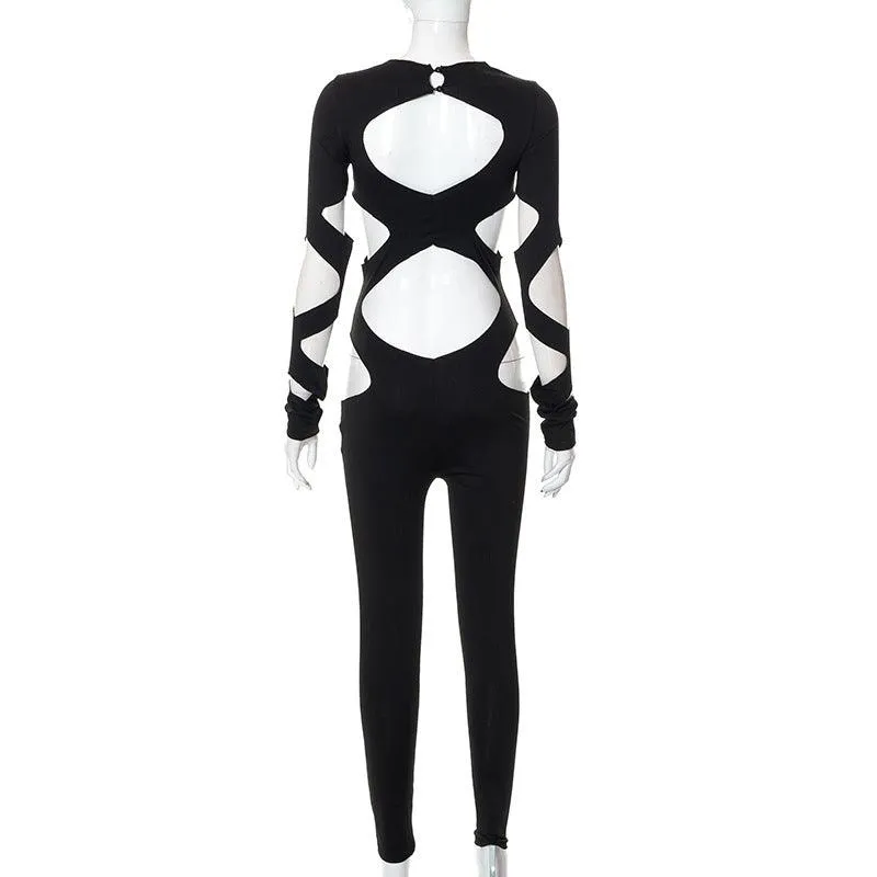 Casual Hollow Out Navel Long-sleeved Slim Jumpsuit