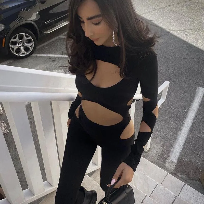 Casual Hollow Out Navel Long-sleeved Slim Jumpsuit