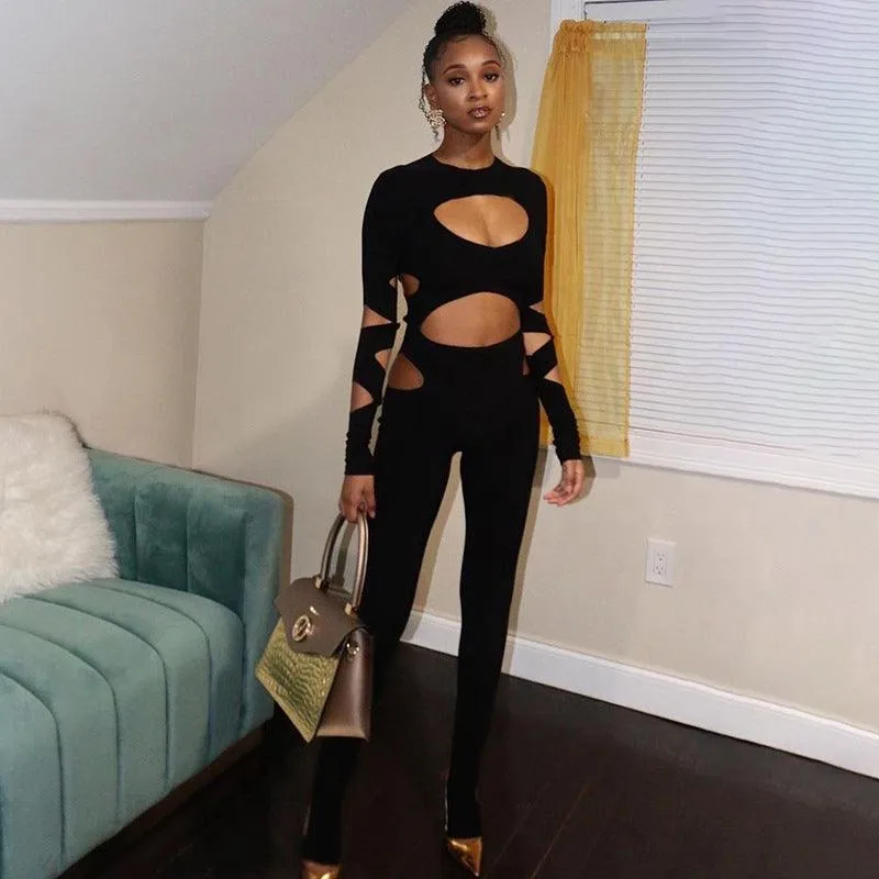 Casual Hollow Out Navel Long-sleeved Slim Jumpsuit