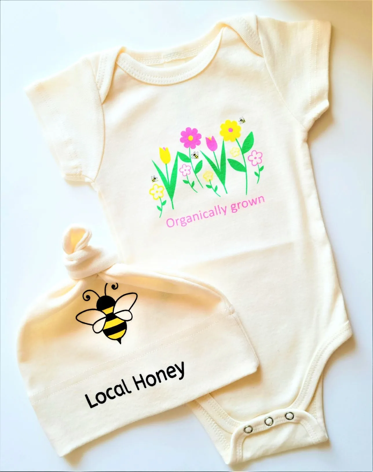 Local Honey Bumble Bee & Flowers Short Sleeve Romper & Hat Gift Set